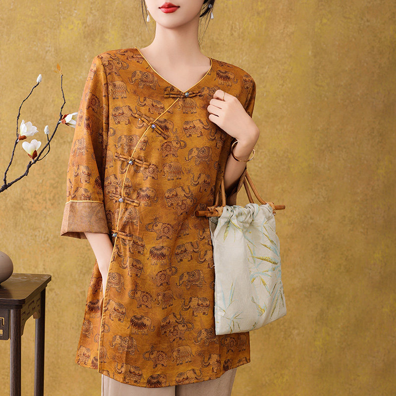新中式国风盘扣七分袖香云纱上衣改良缎面小衫中长款旗袍短袖t恤