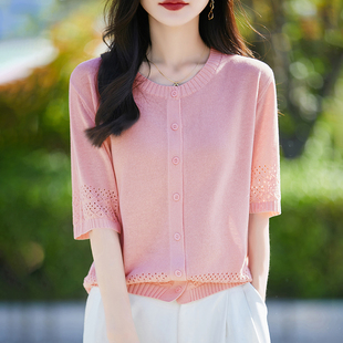 夏季新款天丝亚麻圆领镂空短袖开衫女薄款五分袖外套上衣纯色T恤