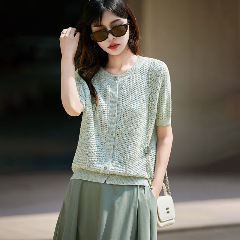 棉麻珠片挑空圆领短袖开衫T恤女夏季薄款外搭针织半袖上衣t恤小衫