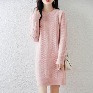 2025秋冬新款100%纯羊毛衫女圆领套头中长款毛衣针织连衣裙打底衫