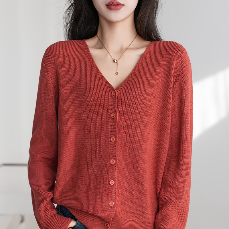 春季新款V领100%纯棉线女宽松显瘦针织开衫外套百搭毛衣外搭上衣