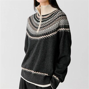 费尔岛复古提花半拉链羊毛针织衫女秋冬新款宽松加厚立领打底毛衣
