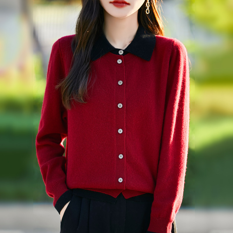 100%纯羊毛假两件翻领撞色外套女大码女装2024秋冬季新款针织开衫