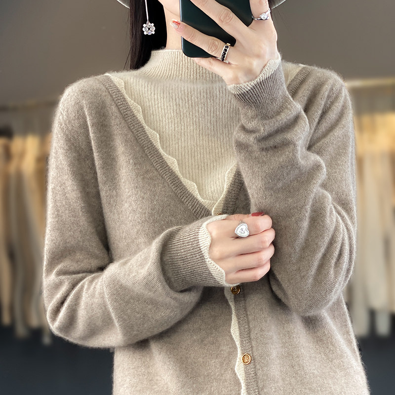 秋冬新款半高领纯羊毛假两件开衫女宽松休闲百搭拼色毛衣针织打底