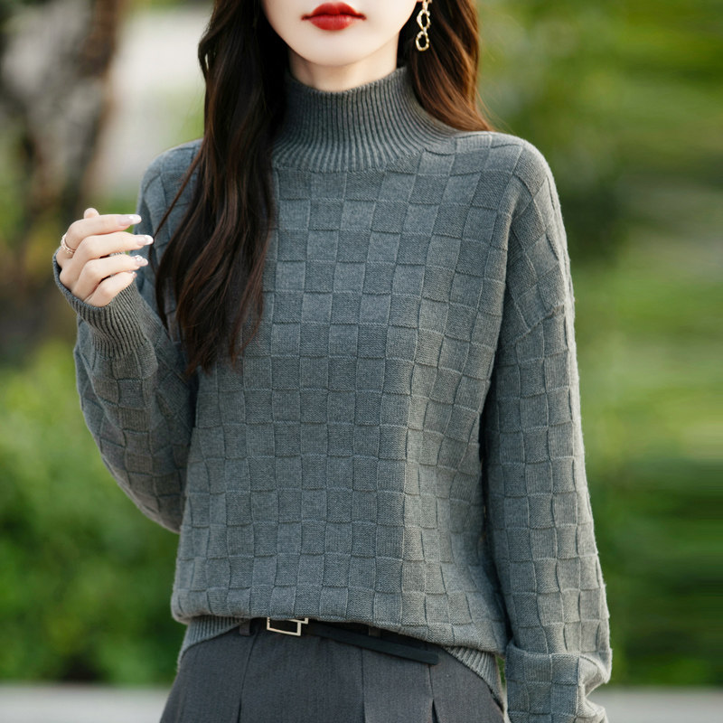 棋盘格100%纯棉线针织打底衫女士半高领毛衣加厚宽松内搭显瘦上衣