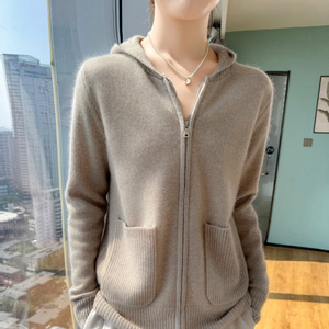 秋冬新款100%纯羊毛连帽拉链开衫女带兜休闲毛衣外搭宽松羊绒外套