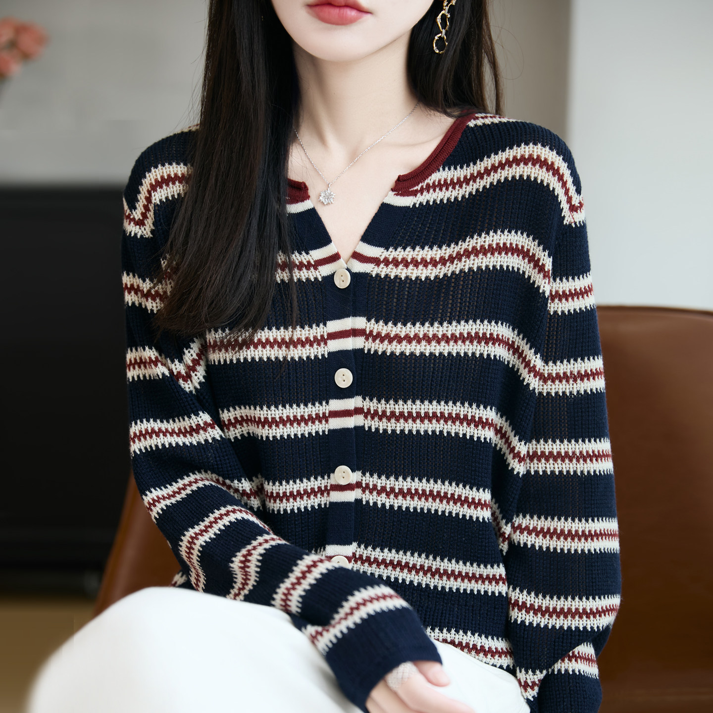 波浪条纹针织开衫女半开领精仿羊毛宽松长袖毛衣外套秋季撞色上衣