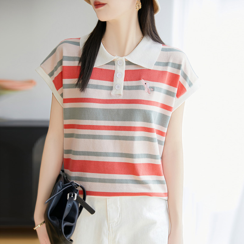 25夏季新款POLO领条纹拼色刺绣冰丝针织短袖百搭气质显瘦上衣T恤