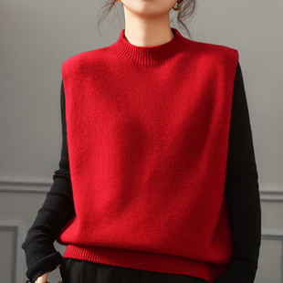 100%纯羊毛马甲女外穿圆领宽松内搭叠穿秋冬坎肩针织毛衣百搭背心