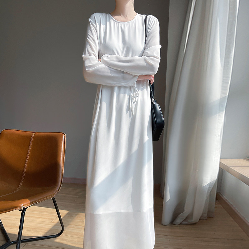 夏季新款乔其纱双层长袖连衣裙女圆领纯色大码过膝时尚休闲长裙子