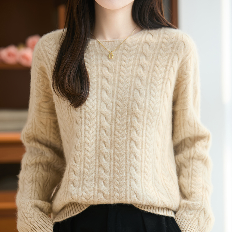 100%纯羊毛衫女圆领扭花针织长袖套头毛衣秋冬宽松羊绒衫内搭上衣