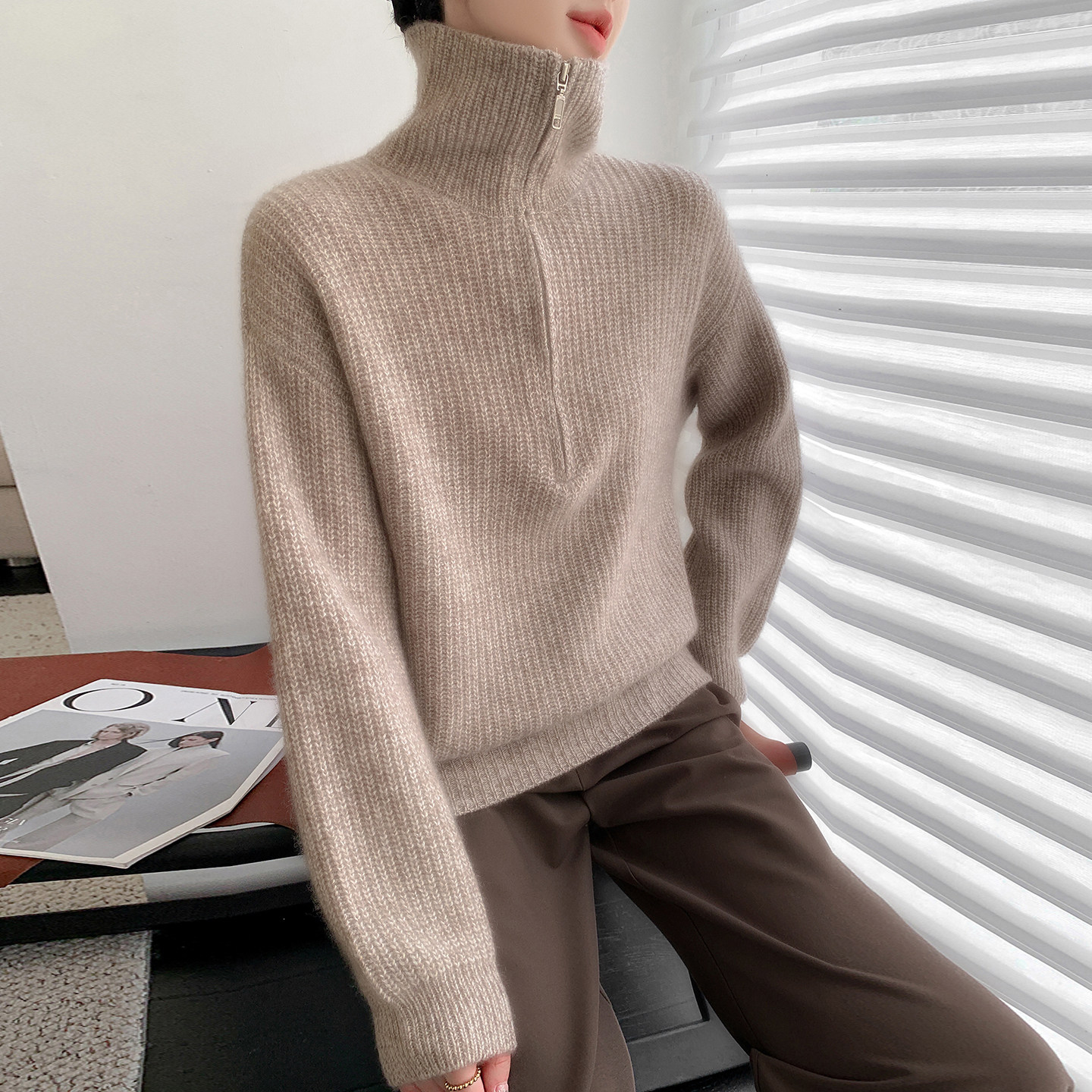 2025新款高领半拉链100%纯羊毛衫女宽松显瘦灰色加厚针织打底毛衣
