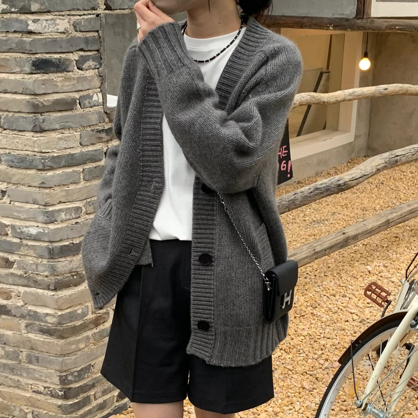 秋冬100%纯羊毛开衫女加厚V领中长款宽松羊绒毛衣外套针织衫外搭