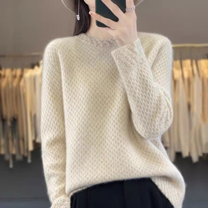100%纯羊毛衫女立体重工勾花花边圆领针织毛衣宽松百搭羊绒打底衫
