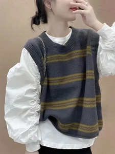 条纹针织马甲背心衬衫两件套女2023早秋季新款气质高级感时尚套装