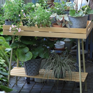 客厅落地式花盆置物架阳台放花盆的双层铁艺置物架实木轻奢花架