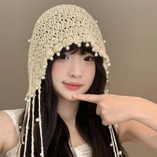民族风针织套头帽显脸小帽子 镂空珍珠流苏吊坠编织包头帽女夏季