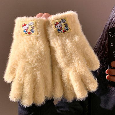 韩系黄色毛绒针织手套女冬季