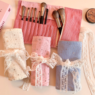 y2k蕾丝星星亮片化妆刷分区收纳包卷袋女便携大容量旅行化妆包小