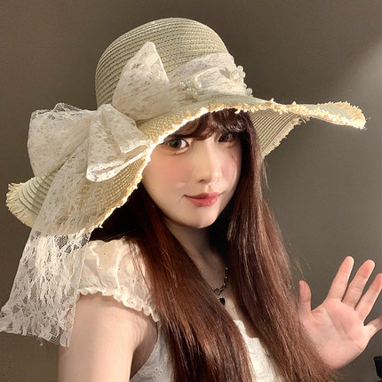 蕾丝蝴蝶结草帽女夏季法式大帽檐遮阳防晒帽海边沙滩度假太阳帽子