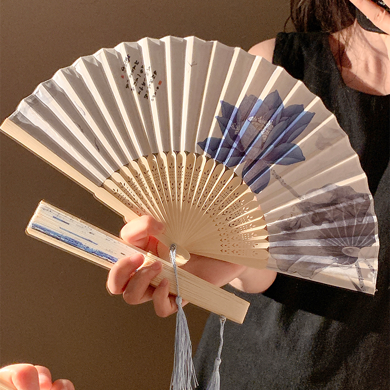 蓝调水墨荷花~折叠扇子女夏便携