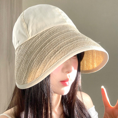 大帽檐草编拼接渔夫帽女