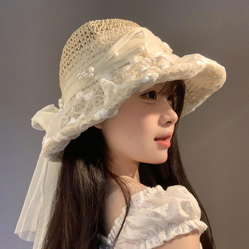 蕾丝珍珠蝴蝶结系带法式草帽女