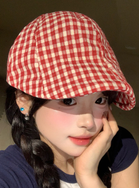 韩系红色格子前进帽女夏薄款百搭显脸小贝雷帽大头围画家报童帽子