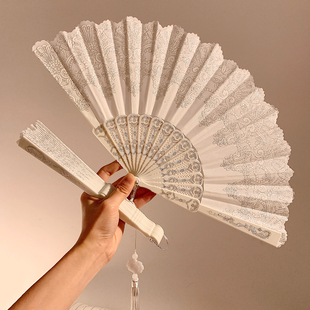 白色祥云纹折叠扇子女夏天折扇汉服国风新中式古风舞蹈扇2026新款