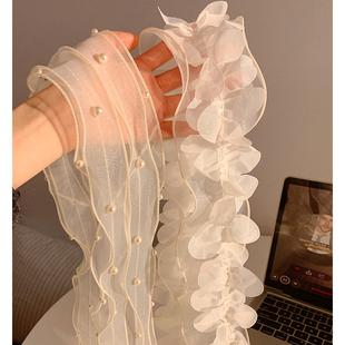 欧根纱蕾丝珍珠长条丝巾女超仙2026新款春夏系脖发带颈饰围巾领巾