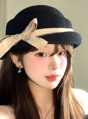 法式赫本风蝴蝶结黑色礼帽女春夏薄款显脸小渔夫帽盆帽子2026新款