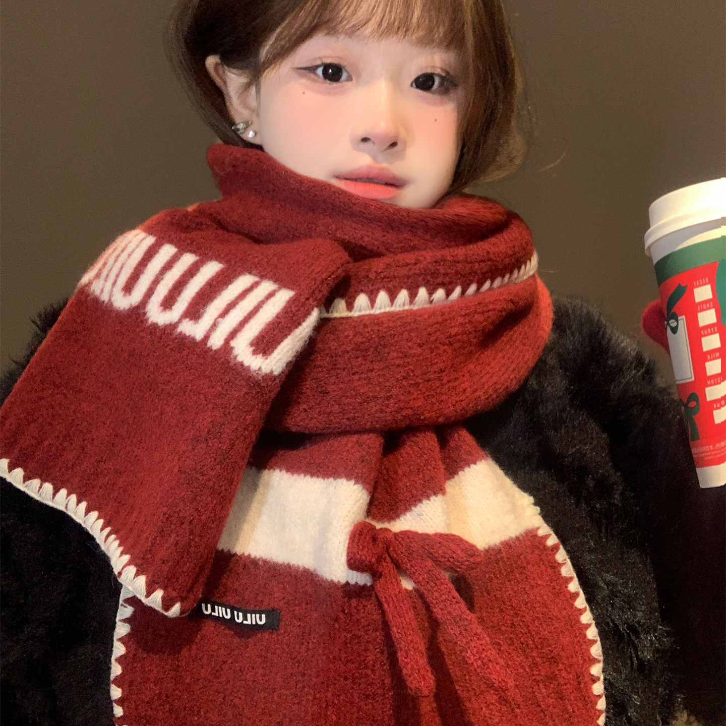 红色蝴蝶结毛线针织围巾女生冬季韩系氛围感加厚保暖新年护颈围脖,服饰配件/皮带/帽子/围巾,围巾/丝巾/披肩,淘宝优惠券,粉丝福利购,淘宝优惠卷