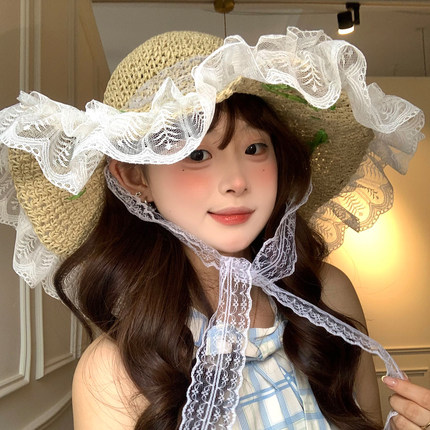田园风小雏菊蕾丝花边草帽女春夏度假风海边沙滩遮阳防晒太阳帽子