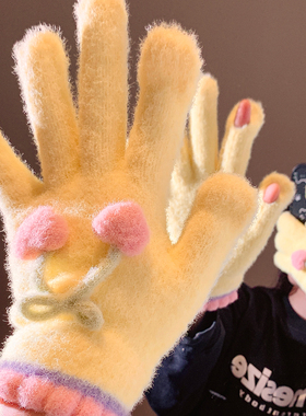 可爱黄色毛绒针织五指露指郁金香手套女秋冬季保暖骑行车御寒防冻