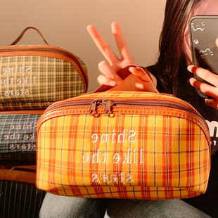 简约格纹分区化妆包女大容量便携外出旅行护肤品收纳包手提洗漱包