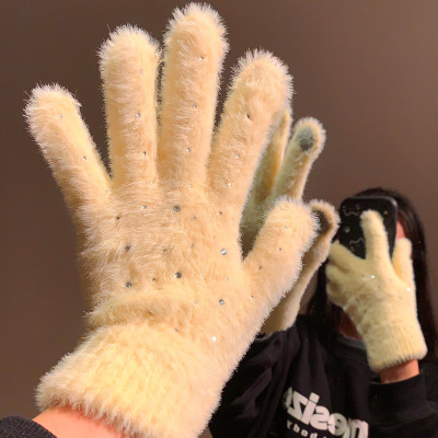 可爱水钻毛绒针织黄色分指手套