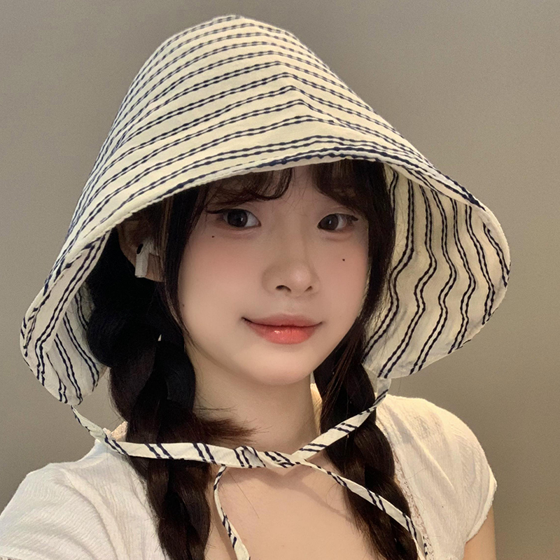 古早少女条纹渔夫帽女夏季薄款