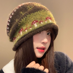 复古绿色费尔岛卷边毛线针织堆堆帽女冬大头围显脸小保暖包头帽子