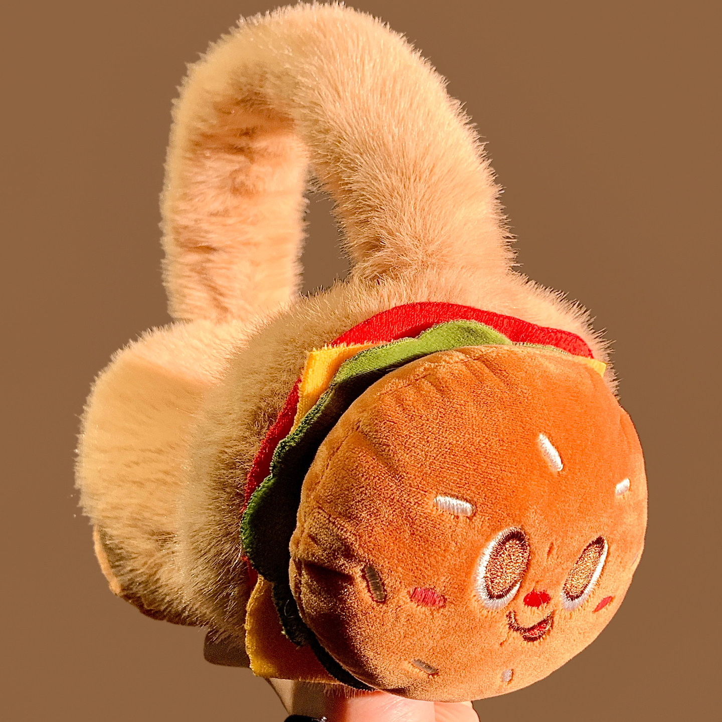 可爱汉堡包毛绒耳罩女冬保暖骑车