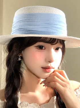 法式蓝色织带平顶草帽女夏季出游海边度假百搭显脸小帽子遮阳礼帽