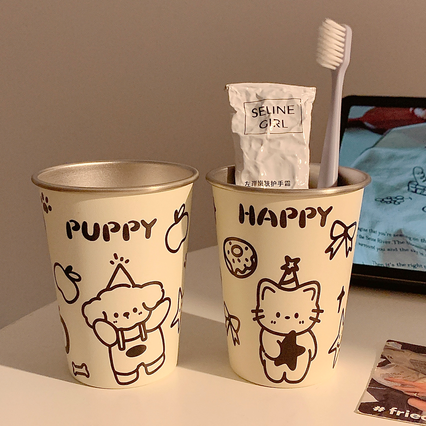 可爱不锈钢漱口杯情侣家用刷牙杯