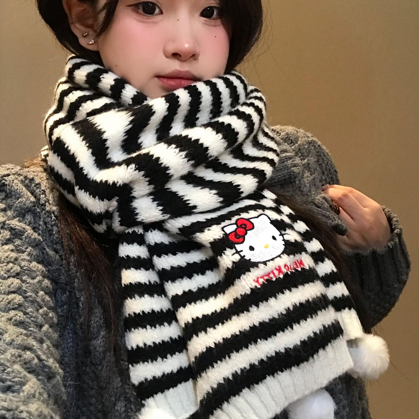 可爱黑白条纹Hellokitty毛线针织围巾女冬季加厚保暖护颈围脖学生