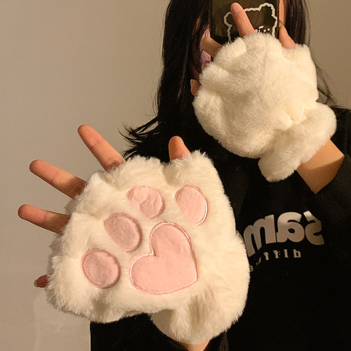 可爱猫爪毛绒半指手套女冬季加绒