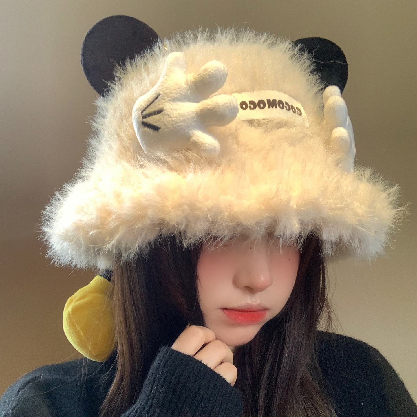 可爱米奇小手玩偶毛绒渔夫帽