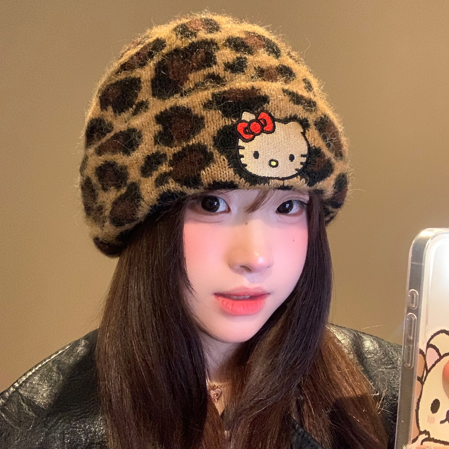 可爱豹纹kitty猫毛线帽女秋冬保暖显脸小针织包头帽子大头围冷帽