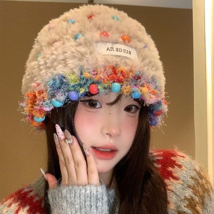 民族风彩色珠子毛绒帽子女冬季保暖大头围显脸小针织毛线帽包头帽