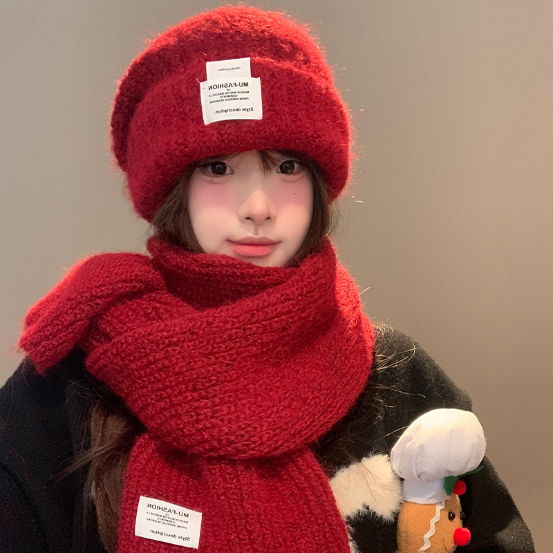 含羊毛红色帽子针织围巾新年套装