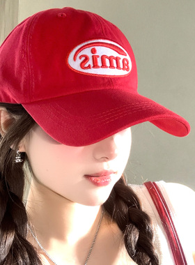 韩系刺绣红色棒球帽女夏宽帽檐大头围显脸小百搭遮阳防晒鸭舌帽子