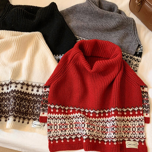 费尔岛红色复古高领针织披肩围巾女冬季 斗篷叠穿保暖围脖外搭坎肩
