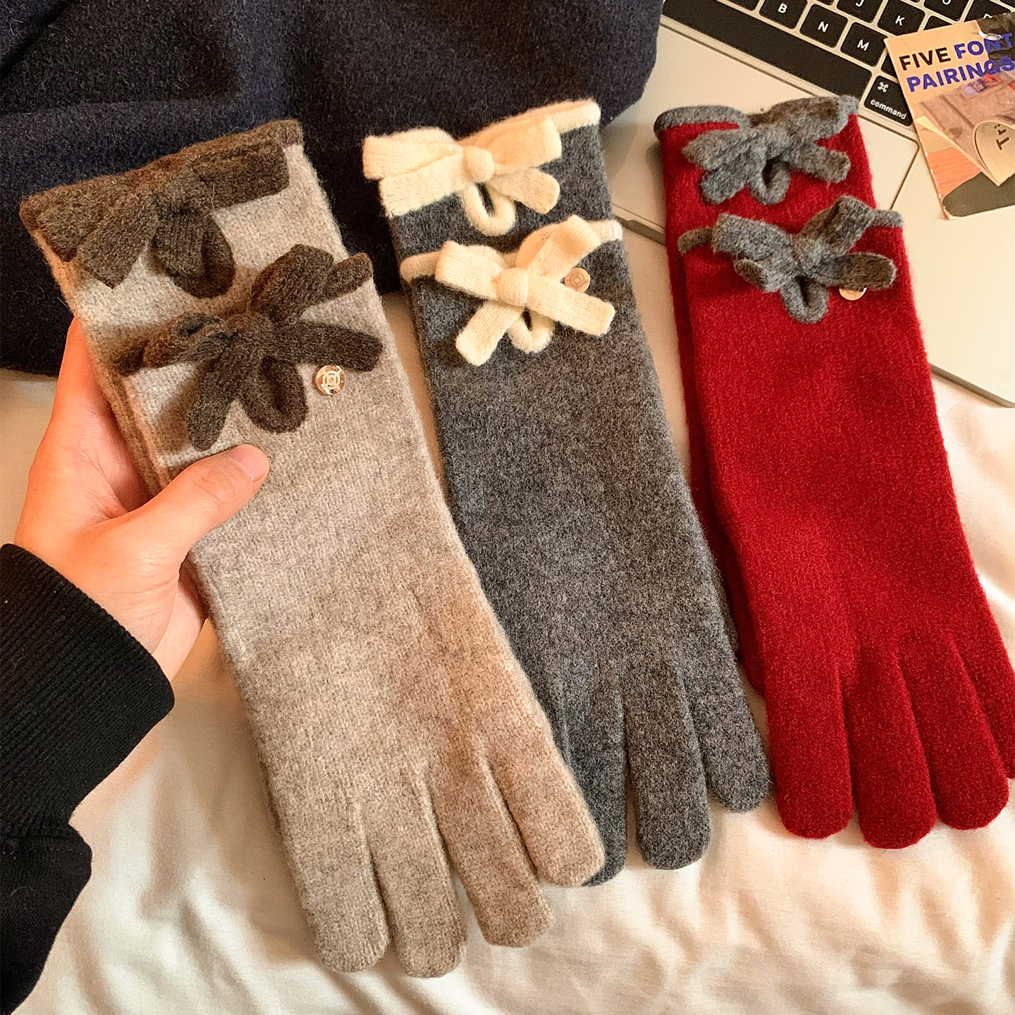 韩版气质针织蝴蝶结毛线五指手套